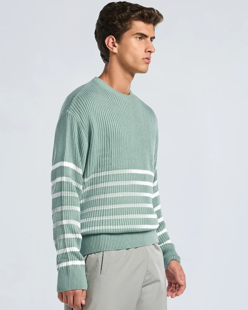 bewakoof Men's Green & White Striped Super Loose Fit Sweater